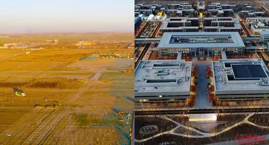 △雄安市民服務中心建設前后。（左圖為中建三局提供，右圖楊亞文攝）