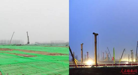 △京雄城際鐵路雄安站站房建設工地。（左圖韓運虎攝，右圖劉向陽攝）